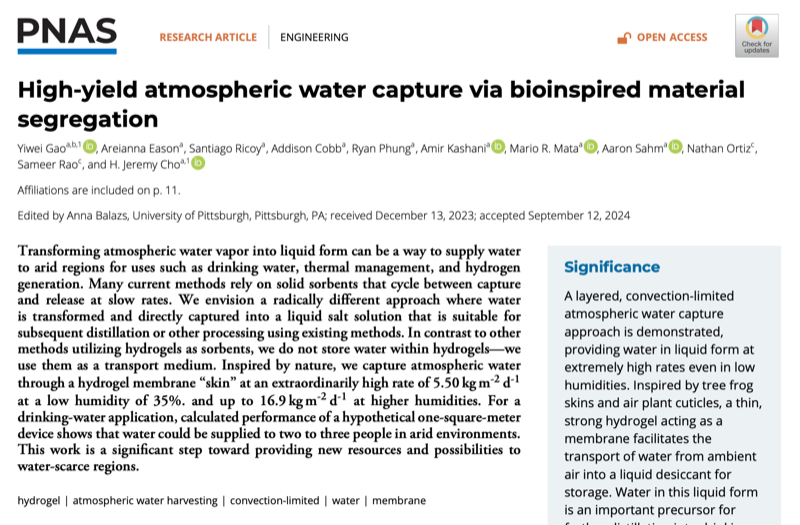Opening page of the PNAS paper on high-yield atmospheric water capture